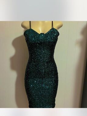 Sequined Teal Bodycon Spaghetti Strap Dress